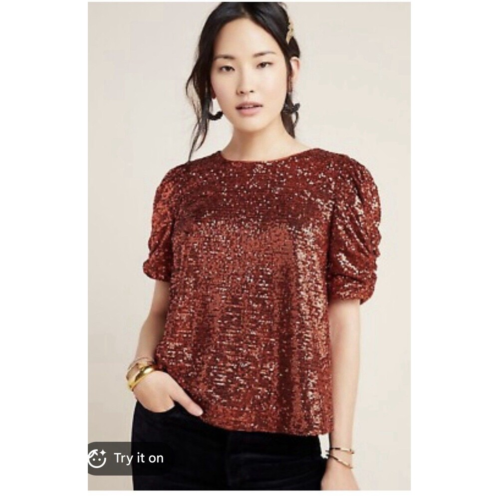 Anthropologie Sequined Marie Shirt Size 8 Copper Top Blouse